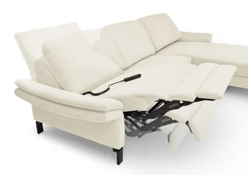 Ecksofa CALM PREMIUM 2.0 - Longchair links mit 3-Sitzer, Relaxfunktion motorisch, Armlehne verstellbar, Stoff, Natur