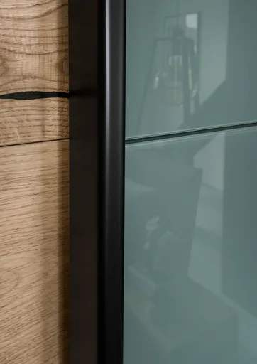Schwebetürenschrank Colorado - B. ca. 257 cm, Eiche, Glas Graugrün