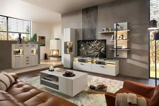 Highboard -  mit Beleuchtung, Creme Lack, Absetzung: Granit Steinfurnier