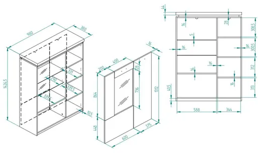 Highboard - mit Beleuchtung, B ca. 98 cm, Salbeigrün, Eiche Evoke Nachbildung