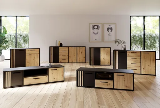 Sideboard FLORISS- Schwarz, Eiche Dekor