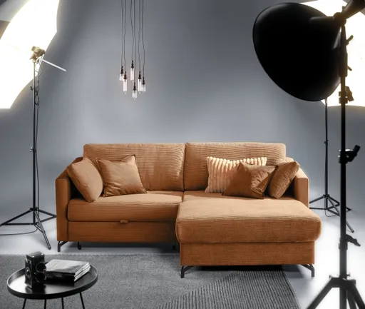 Ecksofa - 1,5-Sitzer, Ecke rechts inkl. Schlaffunktion und Bettkasten, Stoff, Kupfer