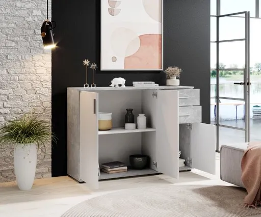 Kommode - B ca. 120 cm, Betonoptik, Weiß