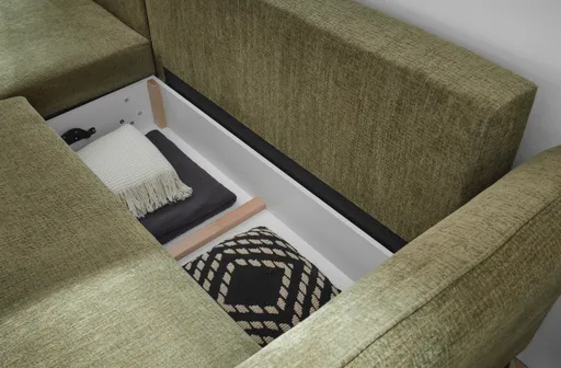 Ecksofa - Longchair links mit 2-Sitzer, Schlaffunktion mit Bettkasten, Stoff, Moosgrün