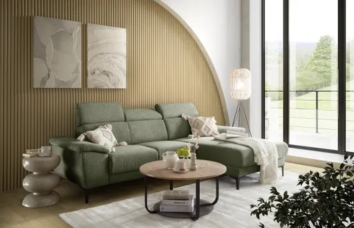 Ecksofa EZRA - 2-Sitzer, Ecke rechts inkl. Kopfteilverstellungen, Relaxfunktion im Longchair, Stoff, Graugrün