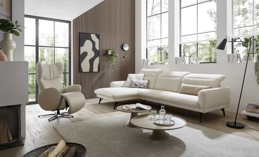 Ecksofa EM Miramar - Longchair links mit 3-Sitzer, Kopfteil/Sitztiefe verstellbar, Stoff, beige