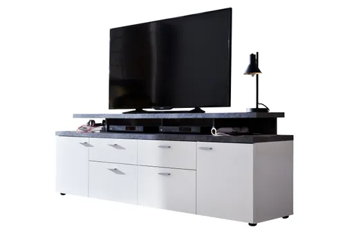 TV-Lowboard - B ca. 180 cm, Weiß, Stone dunkel Nachbildung