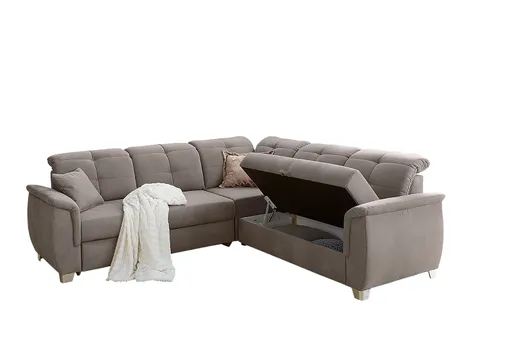 Ecksofa - 2-Sitzer, Ecke rechts inkl. Schlaffunktion mit Bettkasten, 6 Kopfteilverstellungen, 3 Kissen, Stoff Hellbraun
