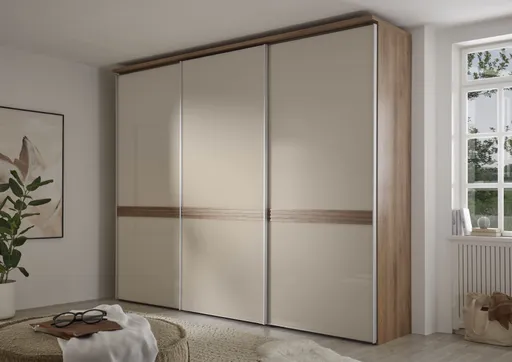 Schwebetürenschrank - B. ca. 280 cm, Elfenbeinglas, Eiche Dekor