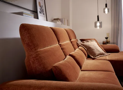 Ecksofa EM Setupal - 2,5-Sitzer mit Longchair rechts, Kopfteil/Armlehne/Rücken verstellbar, Stoff, Rost