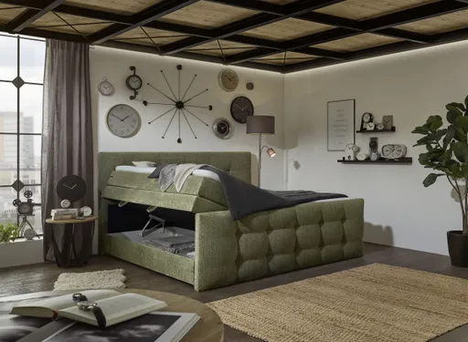 Boxspringbett SANDRIN- Liegefläche ca. 200x200 cm, Stoff, Grün,  inkl. Stauraum und Fußteil