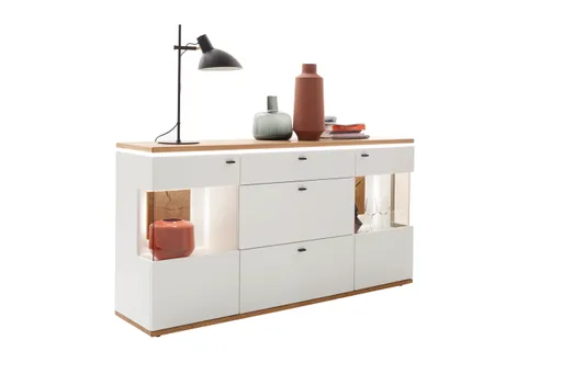 Sideboard mit Beleuchtung - Weiß, Absetzung Wildeiche Furnier