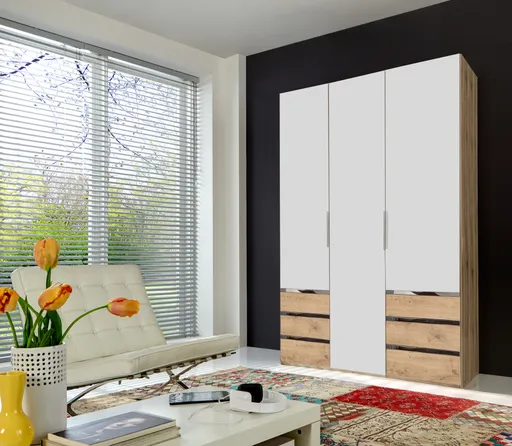 Drehtürenschrank- B ca. 150 cm, Eiche Dekor, Weiß