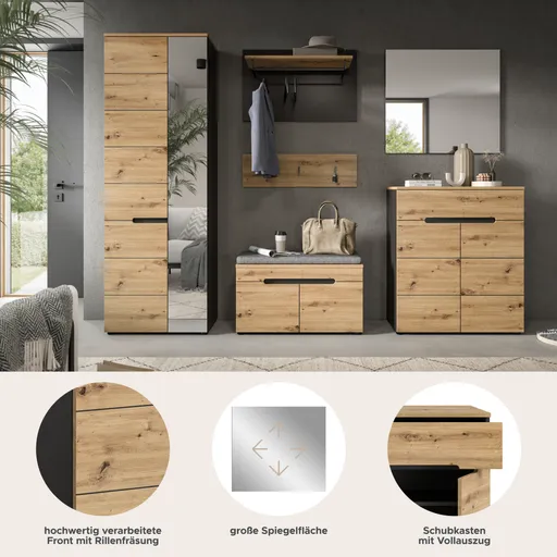 Garderobe - inkl. Sitzkissen, Basalt grau, Artisan Eiche Nachbildung