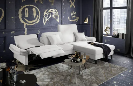 Ecksofa CALM PREMIUM 2.0 - 3-Sitzer mit Longchair rechts, Relaxfunktion motorisch, Armlehne verstellbar, Stoff, Hellgrau