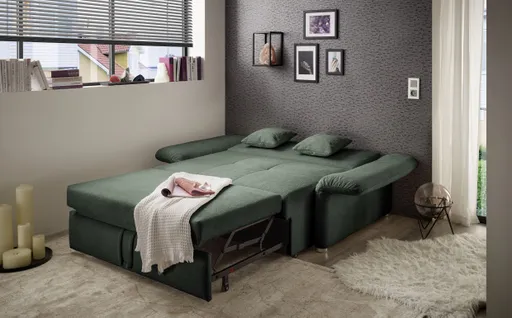 Sofa JORDEN - 1,5-Sitzer inkl. Schlaffunktion mit Bettkasten, verstellbare Armlehnen, Stoff, Dunkelgrün