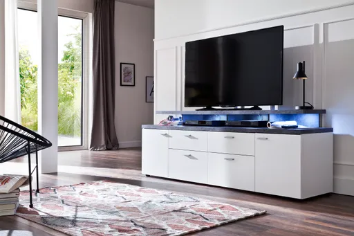 TV-Lowboard - B ca. 180 cm, Weiß, Stone dunkel Nachbildung