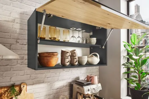 Küchenblock Eck- ohne E-Geräte, B ca. 320 cm, Anthrazit, Eiche Dekor