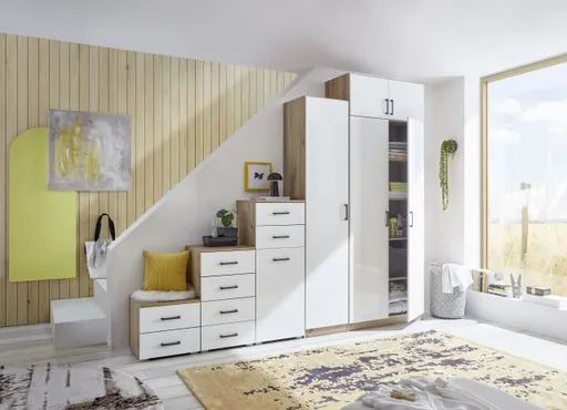 Drehtürenschrank RHONDA- B ca. 91 cm, Eiche Dekor, Weiß, Hochglanz