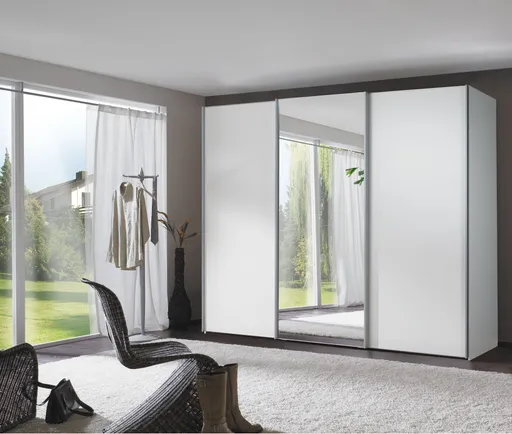 Schwebetürenschrank - B. ca. 250 cm, mittig Spiegeltüre, Glas Weiß