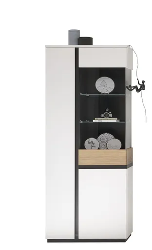 Vitrine - B ca. 84 cm, Weiß, Eiche Nachbildung, Schwarz matt
