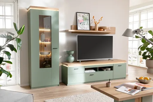 TV-Lowboard - mit Beleuchtung, B ca. 195 cm, Salbeigrün, Eiche Evoke Nachbildung