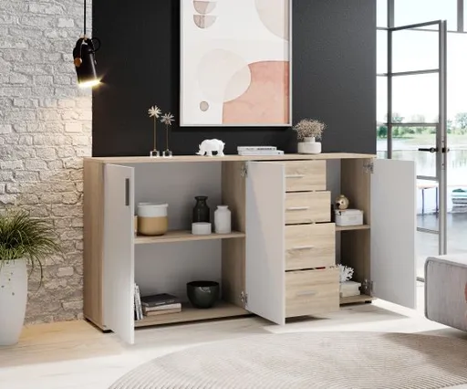 Kommode - B ca. 160 cm, Sonoma Eiche Nachbildung, Weiß
