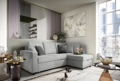 Ecksofa PRO FLEXX - 2-Sitzer, Ecke rechts inkl. Schlaffunktion und Bettkasten, Stoff, Silbergrau