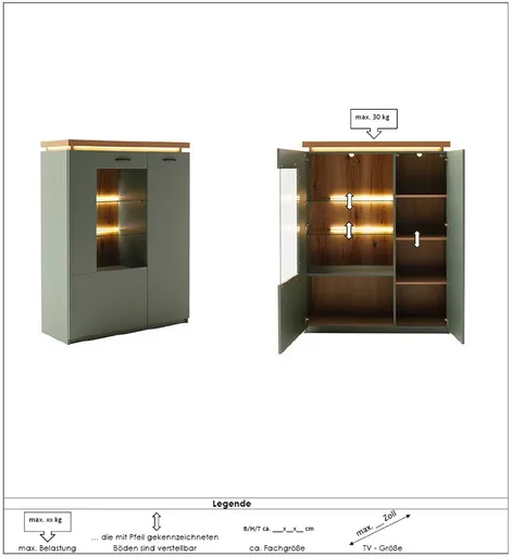 Highboard - mit Beleuchtung, B ca. 98 cm, Salbeigrün, Eiche Evoke Nachbildung