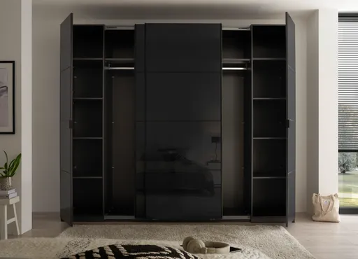 Schwebe- Drehtürenschrank - B. ca. 267 cm, Grauglas, Graphit