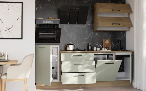 Küchenblock- ohne E-Geräte, B ca. 250 cm, Eiche Dekor, Salbei, Matt