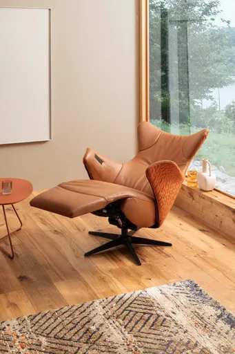 Relaxseessel Follina - Relaxfunktion (motorisch), Leder, Stoff, Cognac