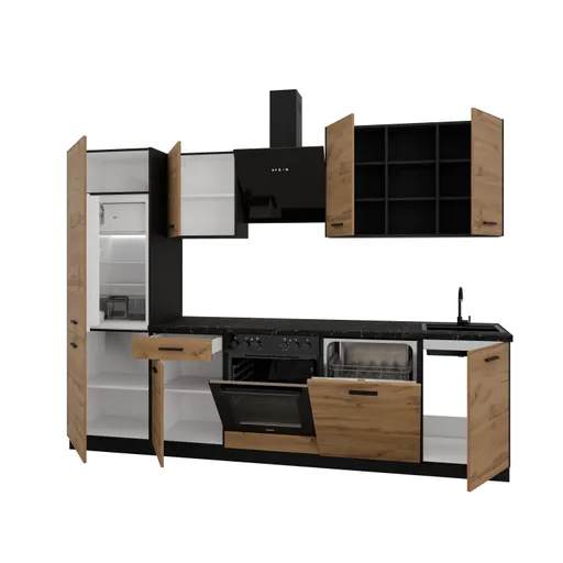 Küchenblock- ohne E-Geräte, B ca. 280 cm, Schwarz, Eiche Dekor