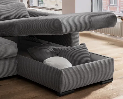 Ecksofa - 2-Sitzer mit Longchair rechts, Schlaffunktion, Cord, Grau
