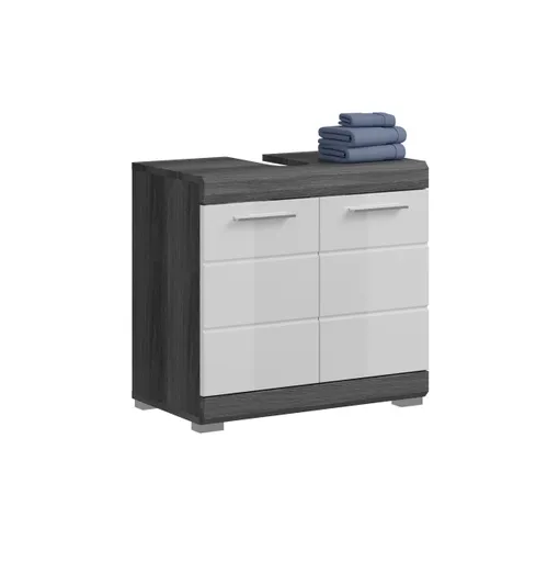 Waschbeckenunterschrank - B ca. 60 cm, Rauchsilber, Weiß Hochglanz