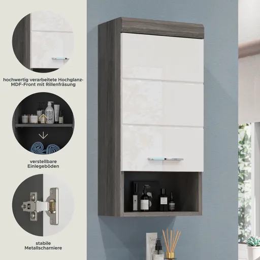 Hängeschrank - B ca. 37 cm, Rauchsilber, Weiß Hochglanz