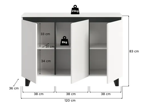 Sideboard - B ca. 120 cm, Weiß, Schwarz