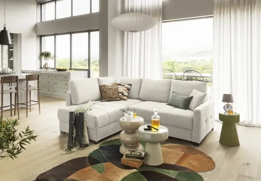 Ecksofa EDWIN - 2-Sitzer, Ecke rechts inkl. Schlaffunktion und Bettkasten, Stoff, Beige