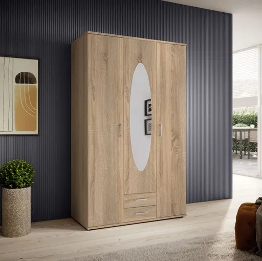 Drehtürenschrank- B ca. 120 cm, Eiche Dekor, Spiegel