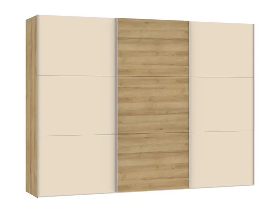Schwebetürenschrank JOIN IT- B ca. 303 cm, Eiche Dekor, Glas, Creme