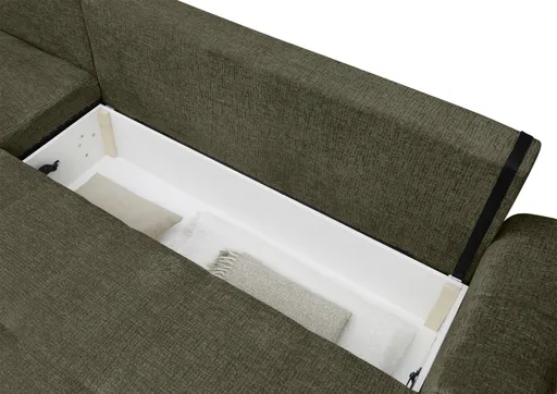Ecksofa - Longchair links mit 2-Sitzer, Schlaffunktion mit Bettkasten, Stoff, Moos