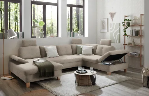 Wohnlandschaft - Ecke links, 2-Sitzer, Longchair rechts inkl. Schlaffunktion mit Bettkasten, Stoff, Hellgrau