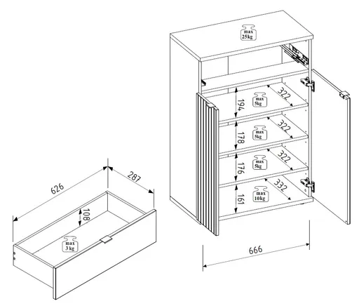 Schuhschrank - B ca. 70 cm, Riva Eiche Nachbildung, Basalt