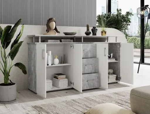 Highboard - B ca. 178 cm, Betonoptik, Weiß