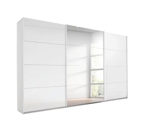 Schwebetürenschrank RIVASA- B ca. 361 cm, Weiß, Weiß Hochglanz, Spiegel