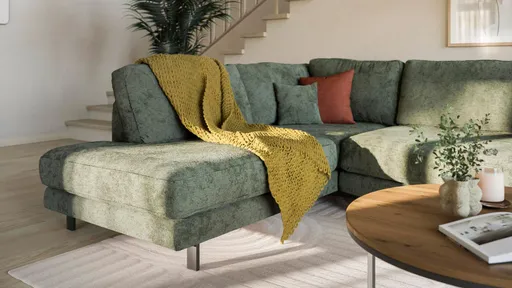 Ecksofa Solenne - Ottomane links mit Diwan rund rechts, Stoff, Olive