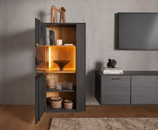 Vitrine Estana - inkl. Beleuchtung, Eiche massiv, anthrazit