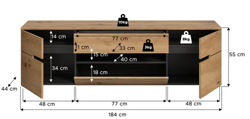 Lowboard - B ca. 184 cm, Basalt grau, Artisan Eiche Nachbildung