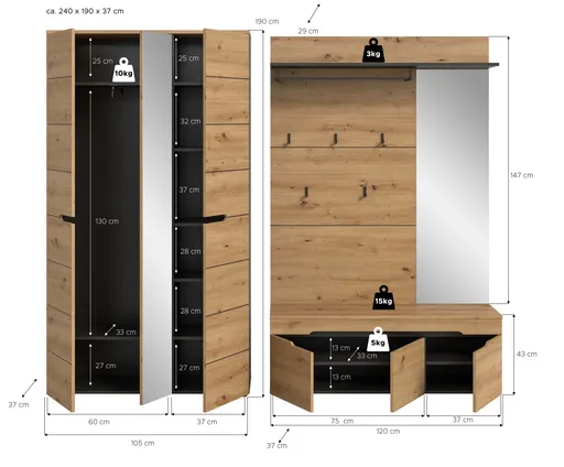 Garderobe - Basalt grau, Artisan Eiche Nachbildung