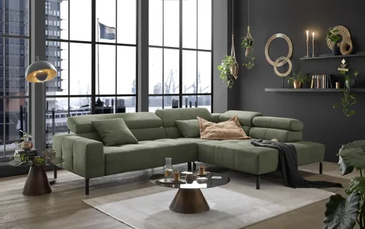 Ecksofa COLLEEN - 2-Sitzer mit Ecke rechts, Kopfteil verstellbar, Feincord, Olive